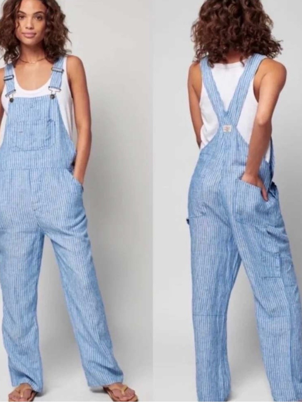 Faherty Blue Linen Mechanic Overalls Skyway Railroad Stripe Jumpsuit XS
